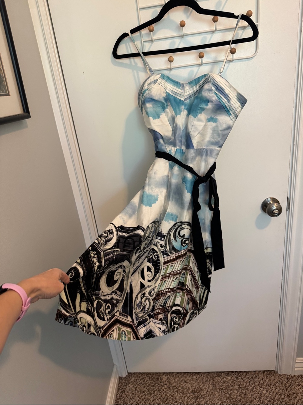 Moulinette Soeurs Sky-Print A-Line Midi Dress with Black Sash